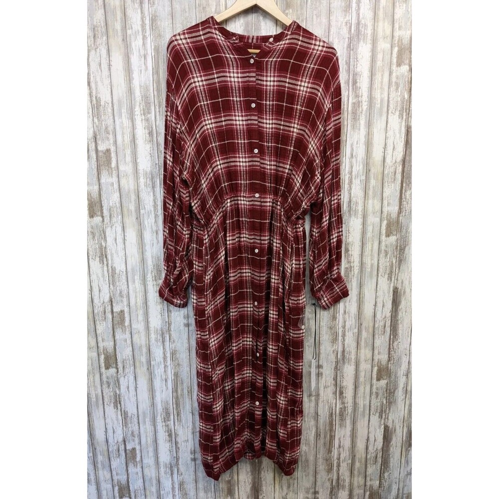 Treasure & Bond Red Plaid Boyfriend Shirt Midi Dress Long Sleeve Small NWT